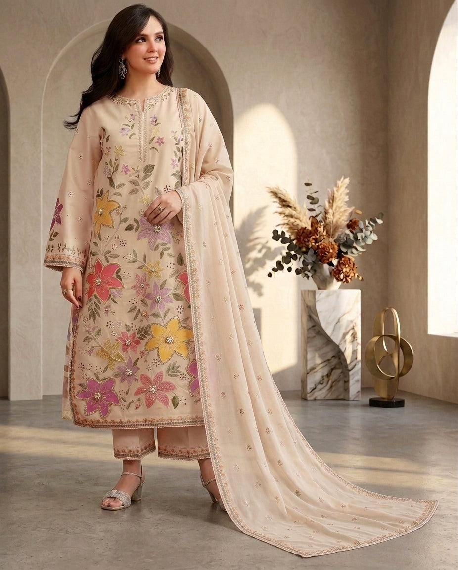 Dhanak Unstitched Embroidered 3pc Suit With Embroidered Dhanak Dupatta | LL-1007
