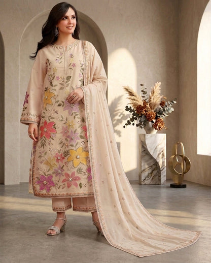 Dhanak Unstitched Embroidered 3pc Suit With Embroidered Dhanak Dupatta | LL-1007