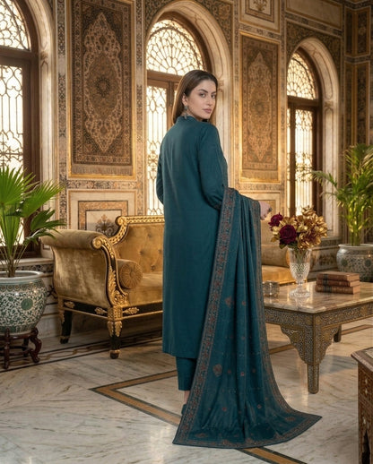 Premium Fully Embroidered 3-Piece Dhanak Suit with Shawl