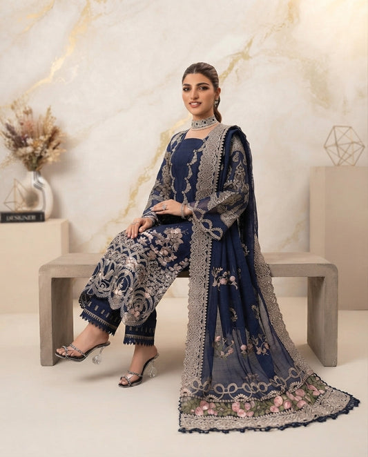 Dhanak Unstitched Embroidered 3pc Suit With Embroidered Dhanak Dupatta | LL-1006