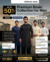 Advertisement for IBX Boski Collection for men with promotional text and images of men wearing black, navy blue, and cream Boski.