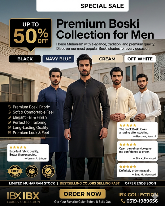 Advertisement for IBX Boski Collection for men with promotional text and images of men wearing black, navy blue, and cream Boski.