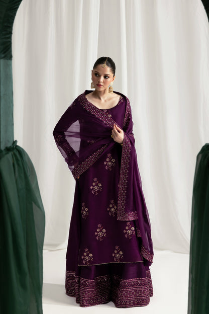 ZAIB-3PC HANDMADE EMBELLISHED SILK EMBROIDERED SHIRT WITH BAMBER CHIFFON DUPATTA AND TROUSER-BIC-4879