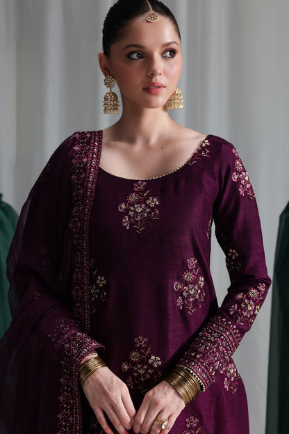ZAIB-3PC HANDMADE EMBELLISHED SILK EMBROIDERED SHIRT WITH BAMBER CHIFFON DUPATTA AND TROUSER-BIC-4879