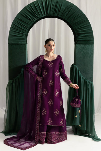 ZAIB-3PC HANDMADE EMBELLISHED SILK EMBROIDERED SHIRT WITH BAMBER CHIFFON DUPATTA AND TROUSER-BIC-4879
