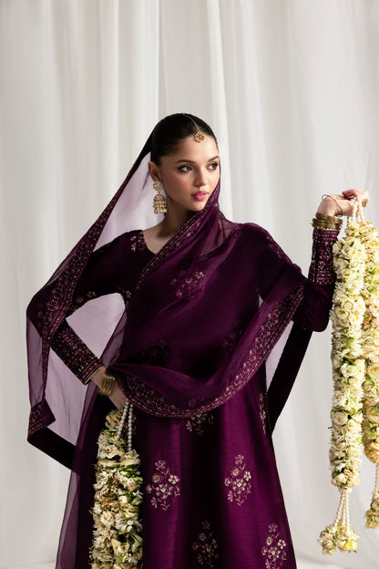 ZAIB-3PC HANDMADE EMBELLISHED SILK EMBROIDERED SHIRT WITH BAMBER CHIFFON DUPATTA AND TROUSER-BIC-4879