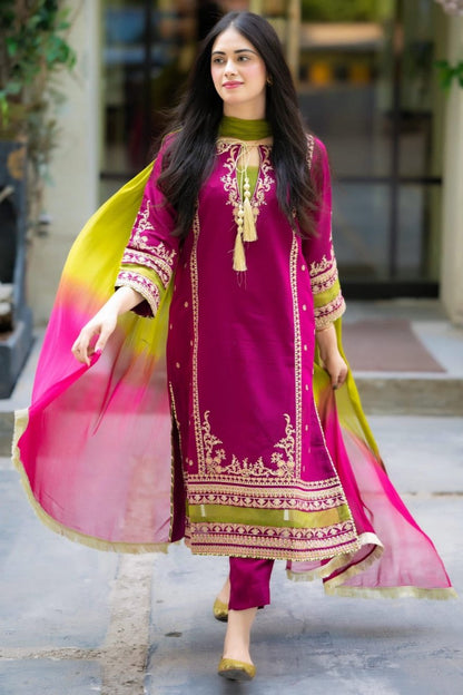 SR-D13 Dhanak Embroidered 3pc Suit With Poly Woolen Shawl
