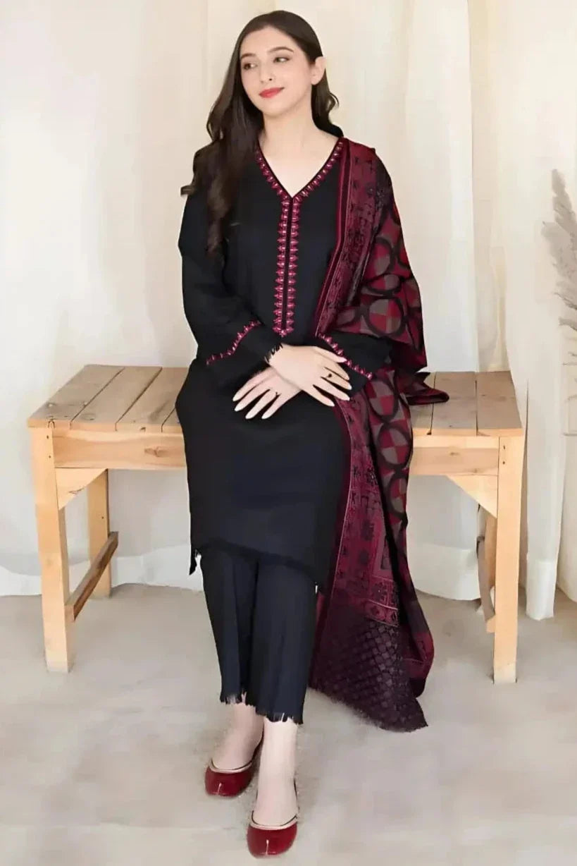 SR-BC835 3Pc Unstitched Dhanak Suit with Printed Woolen Shawl