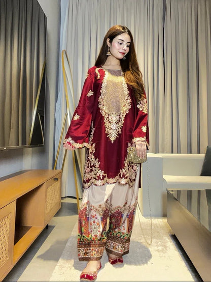 Maya Ali Ethnic Mehroon Skin Silk 2PC