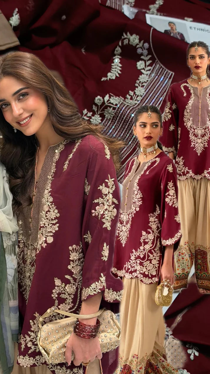 Maya Ali Ethnic Mehroon Skin Silk 2PC