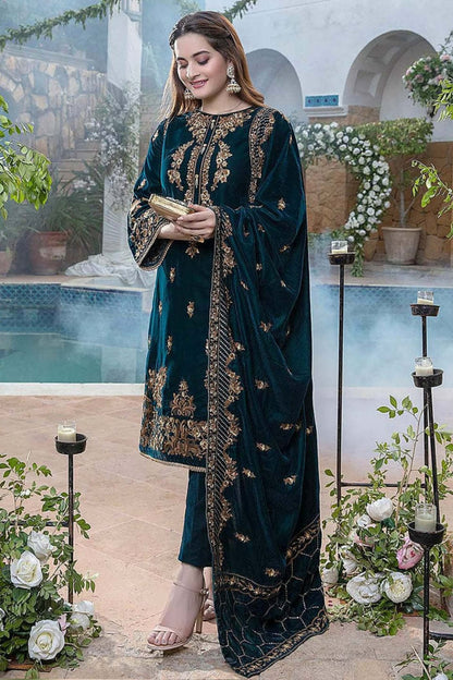 SR-1060 Sequence Embroidered Micro 9000 Gram Velvet 3Pc With Velvet Embroidered Shawl