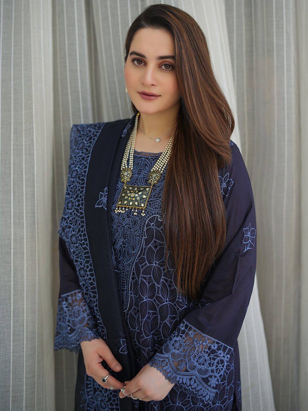 MAHNUR-3PC LAWN EMBROIDERED SHIRT WITH KHADDI NET EMB DUPATTA AND TROUSER-BIC-4738