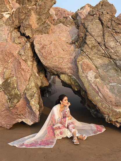 MAHNUR-3PC LAWN CHIKAN HEAVY EMBROIDERED SHIRT WITH KHADDI NET EMBROIDERED DUPATTA AND TROUSER-BIC-4734