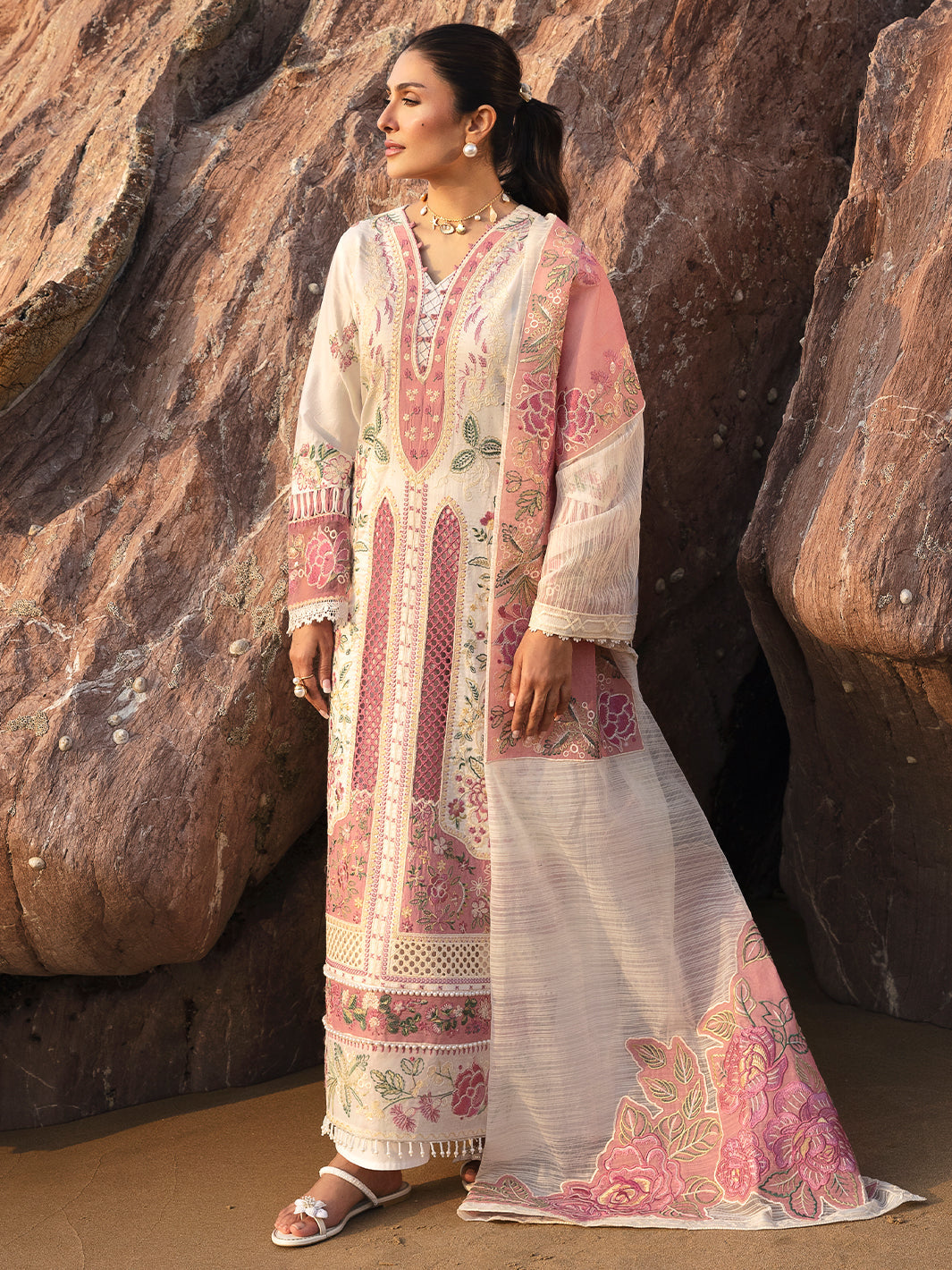 MAHNUR-3PC LAWN CHIKAN HEAVY EMBROIDERED SHIRT WITH KHADDI NET EMBROIDERED DUPATTA AND TROUSER-BIC-4734