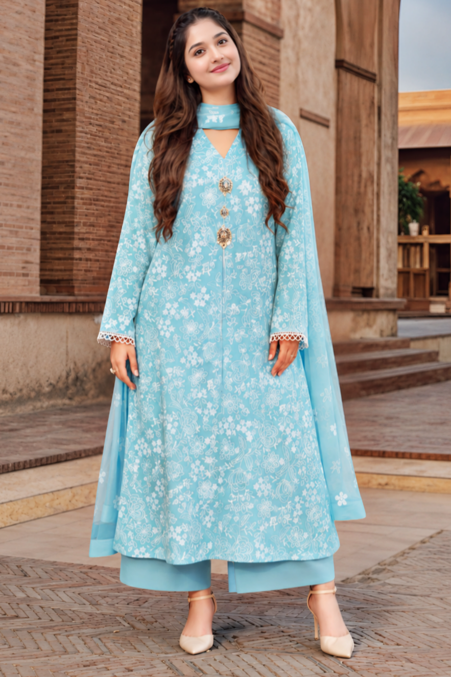 SR-BR08 Lawn 3Pc Embroidered Suit with Bamber Chiffon Embroidered Dupatta