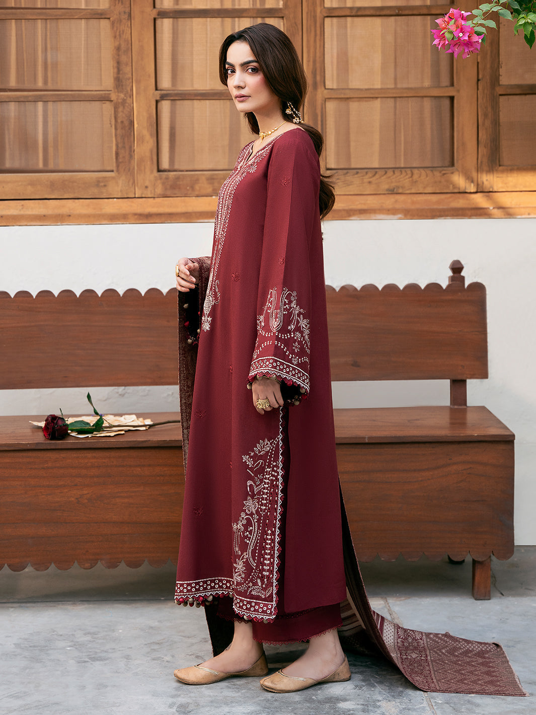 IZEL-3PC DHANAK EMBROIDERED SHIRT WITH COURTRAI PRINTED SHAWL & TROUSER-BIC-4384