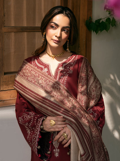 IZEL-3PC DHANAK EMBROIDERED SHIRT WITH COURTRAI PRINTED SHAWL & TROUSER-BIC-4384