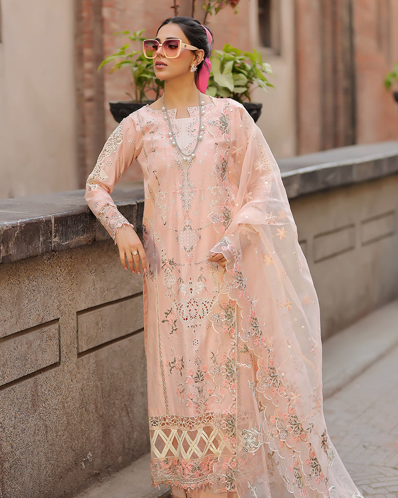QALAMQAR-3PC LAWN CHIKAN EMBROIDERED SHIRT WITH KHADDI NET EMB DUPATTA AND TROUSER-BIC-4718