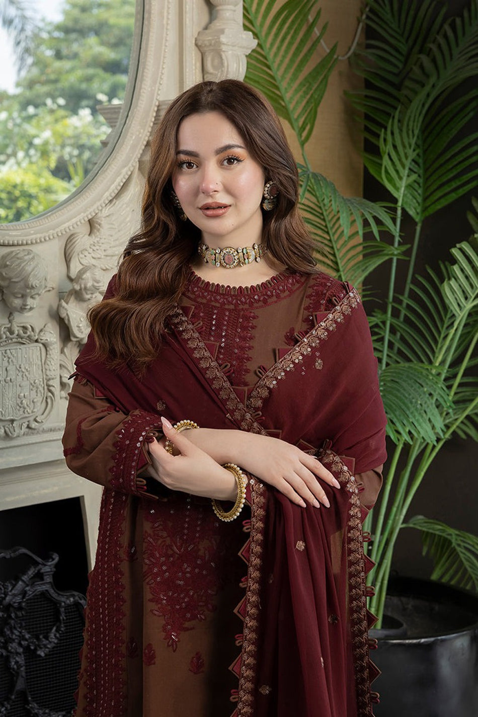 ASIM JOFA-3PC DHANAK EMBROIDERED SHIRT WITH DHANAK EMBROIDERED SHAWL AND TROUSER-LM2001