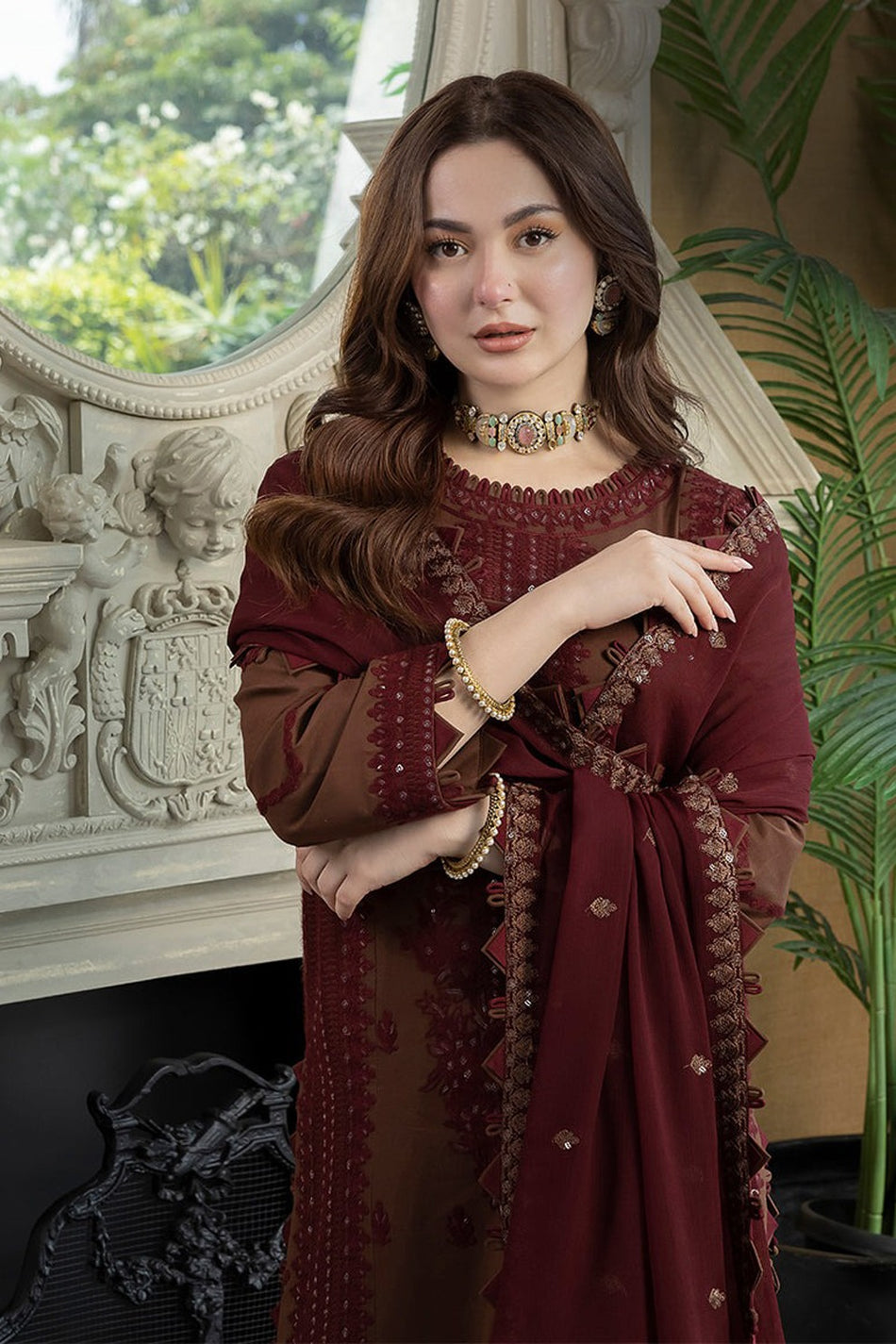 ASIM JOFA-3PC DHANAK EMBROIDERED SHIRT WITH DHANAK EMBROIDERED SHAWL AND TROUSER-LM2001