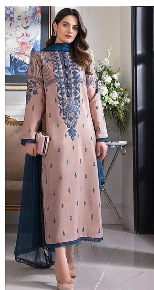 3PC LAWN EMBROIDERED SHIRT WITH BAMBER CHIFFON EMBROIDERED DUPATTA AND LAWN TROUSER-