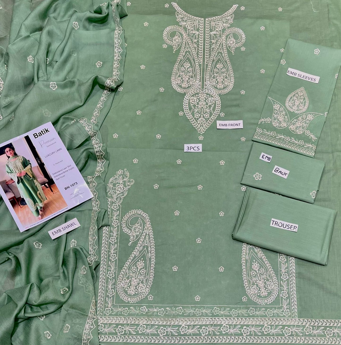 3PC LAWN EMBROIDERED SHIRT WITH BAMBER CHIFFON EMBROIDERED DUPATTA AND LAWN TROUSER-