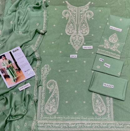 3PC LAWN EMBROIDERED SHIRT WITH BAMBER CHIFFON EMBROIDERED DUPATTA AND LAWN TROUSER-