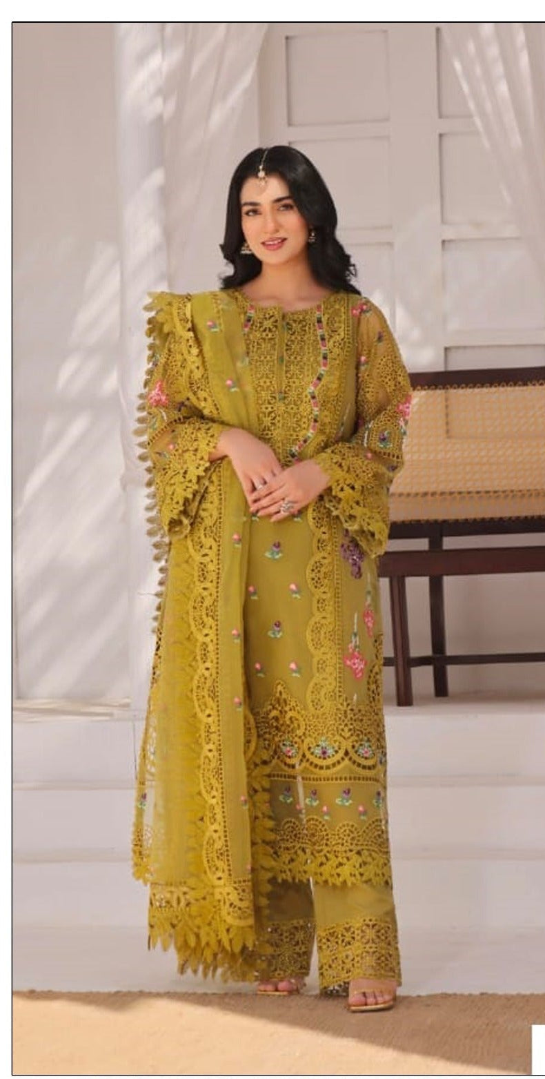 3PC LAWN EMBROIDERED SHIRT WITH BAMBER CHIFFON EMBROIDERED DUPATTA AND LAWN TROUSER-