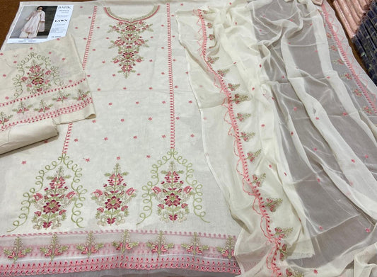 3PC LAWN EMBROIDERED SHIRT WITH BAMBER CHIFFON EMBROIDERED DUPATTA AND LAWN TROUSER-