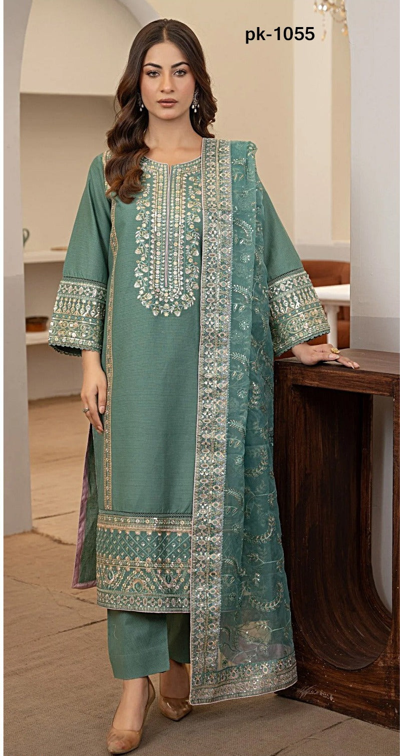 3PC LAWN EMBROIDERED SHIRT WITH BAMBER CHIFFON EMBROIDERED DUPATTA AND LAWN TROUSER-