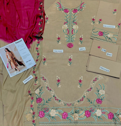 3PC LAWN EMBROIDERED SHIRT WITH BAMBER CHIFFON EMBROIDERED DUPATTA AND LAWN TROUSER-