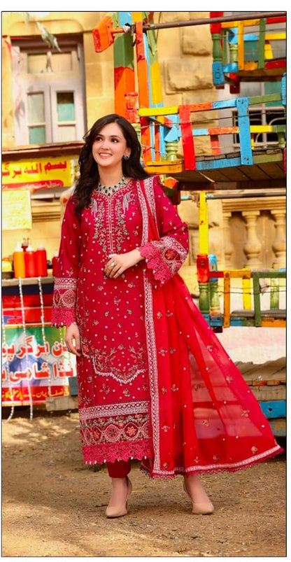 3PC LAWN EMBROIDERED SHIRT WITH BAMBER CHIFFON EMBROIDERED DUPATTA AND LAWN TROUSER-