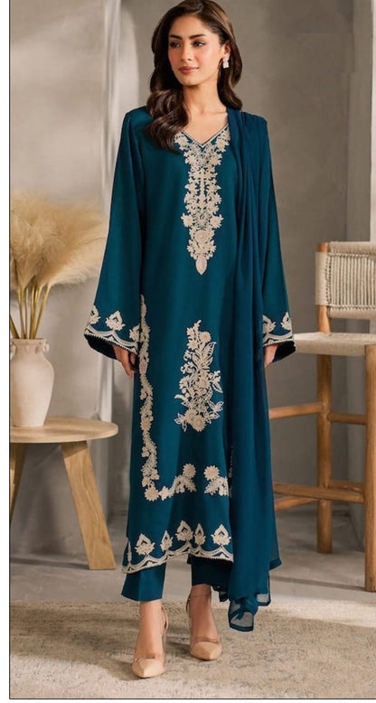 3PC LAWN EMBROIDERED SHIRT WITH BAMBER CHIFFON EMBROIDERED DUPATTA AND LAWN TROUSER-