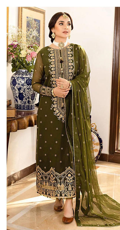 3PC LAWN EMBROIDERED SHIRT WITH BAMBER CHIFFON EMBROIDERED DUPATTA AND LAWN TROUSER-