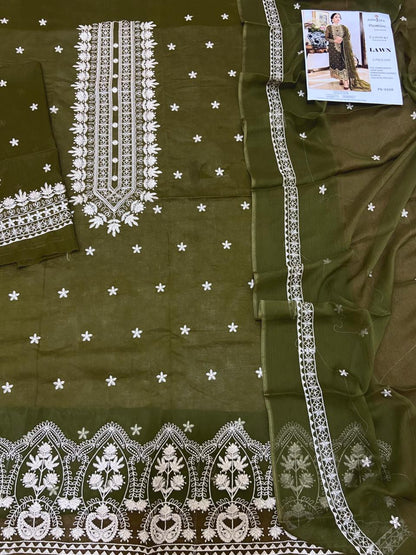 3PC LAWN EMBROIDERED SHIRT WITH BAMBER CHIFFON EMBROIDERED DUPATTA AND LAWN TROUSER-