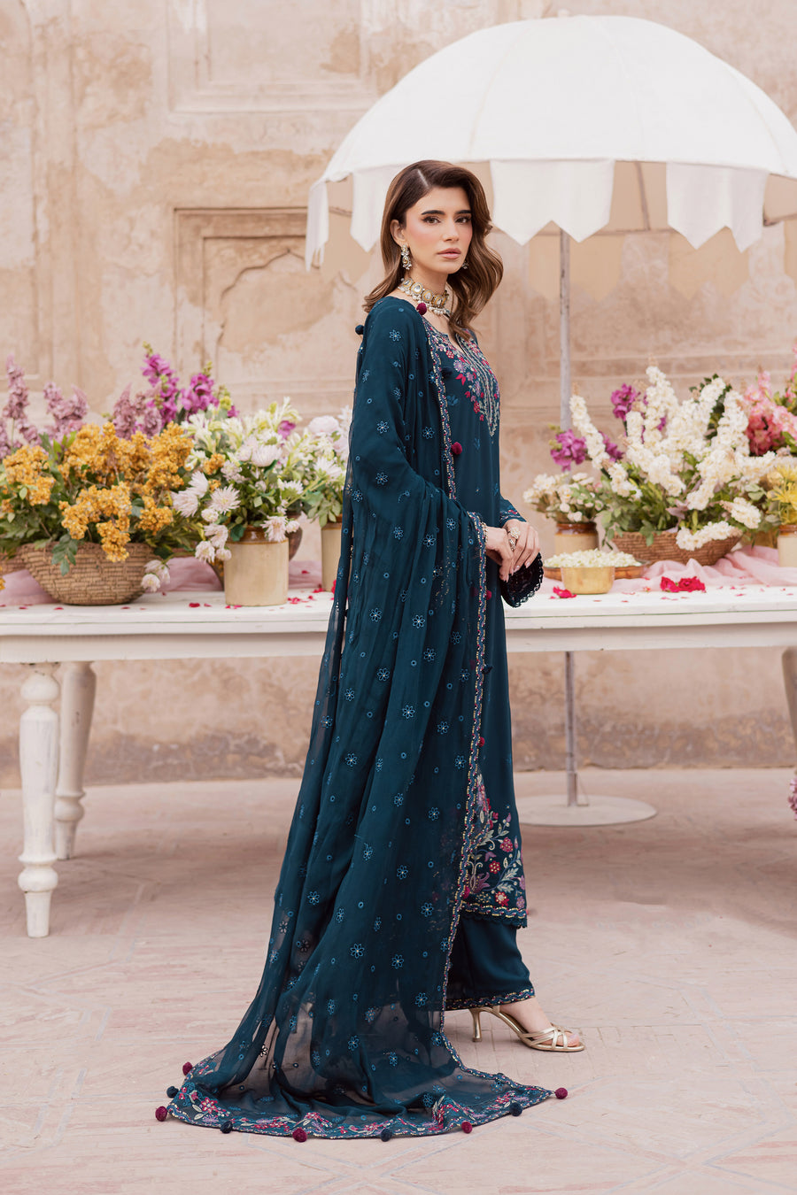 SR-BT4100 Lawn Unstitched Sequence Embroidered 3pc Suit With Bamber Chiffon Fully Embroidered Dupatta