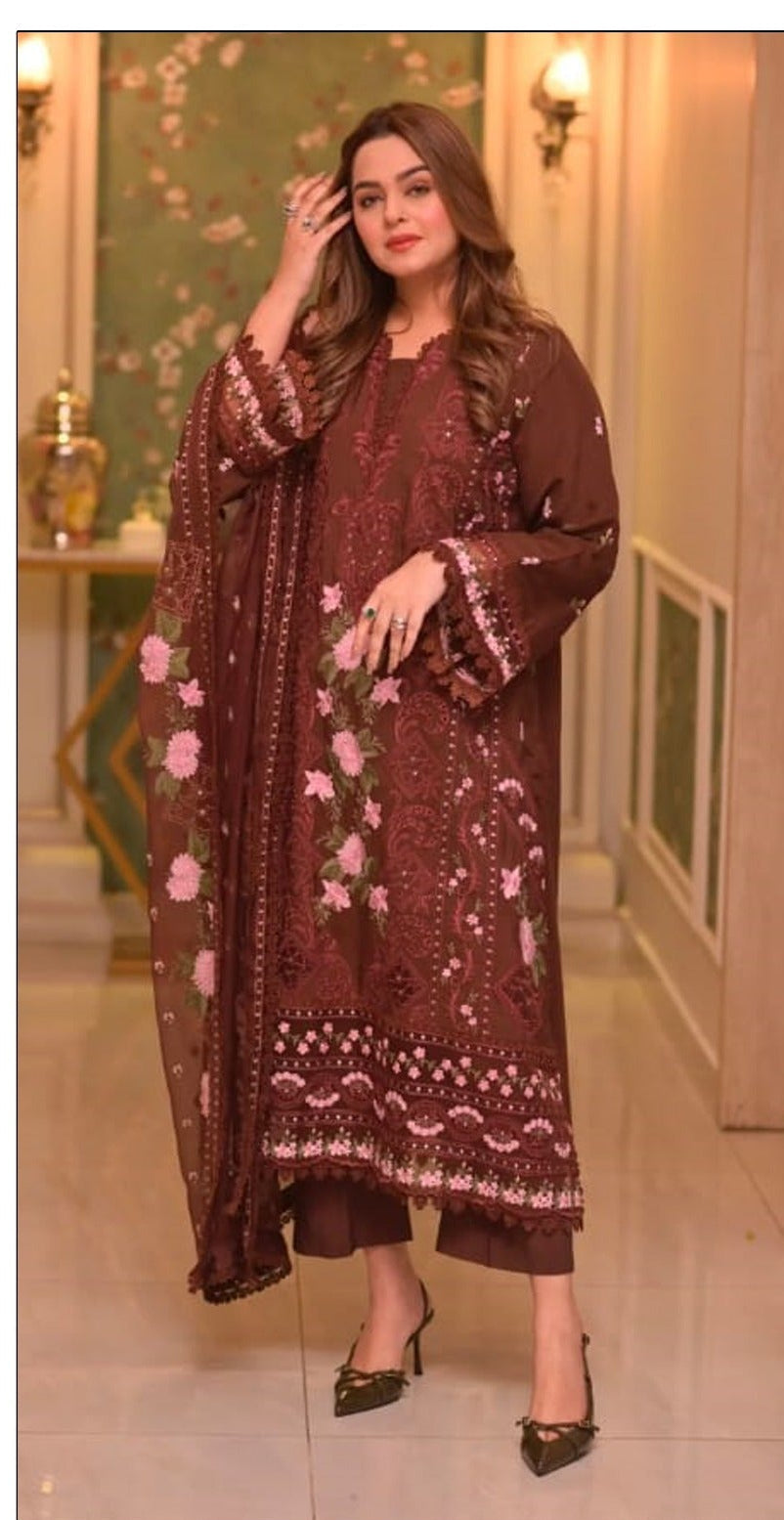3PC LAWN EMBROIDERED SHIRT WITH BAMBER CHIFFON EMBROIDERED DUPATTA AND LAWN TROUSER-