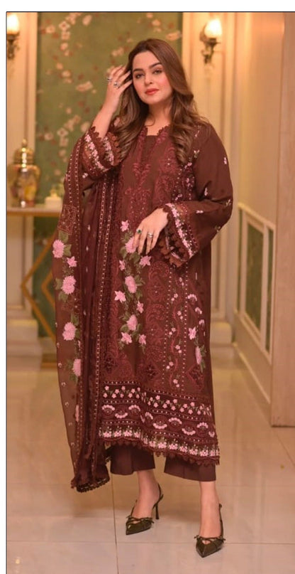 3PC LAWN EMBROIDERED SHIRT WITH BAMBER CHIFFON EMBROIDERED DUPATTA AND LAWN TROUSER-