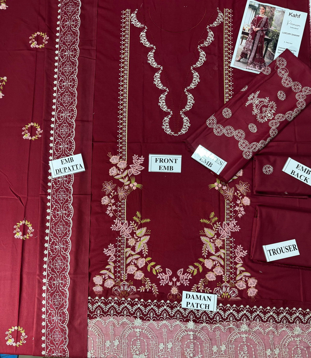 KAHF-3PC DHANAK EMBROIDERED SHIRT WITH DHANAK EMBROIDERED SHAWL AND TROUSER