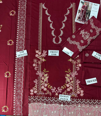 KAHF-3PC DHANAK EMBROIDERED SHIRT WITH DHANAK EMBROIDERED SHAWL AND TROUSER
