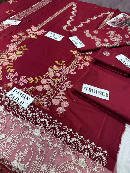 KAHF-3PC DHANAK EMBROIDERED SHIRT WITH DHANAK EMBROIDERED SHAWL AND TROUSER
