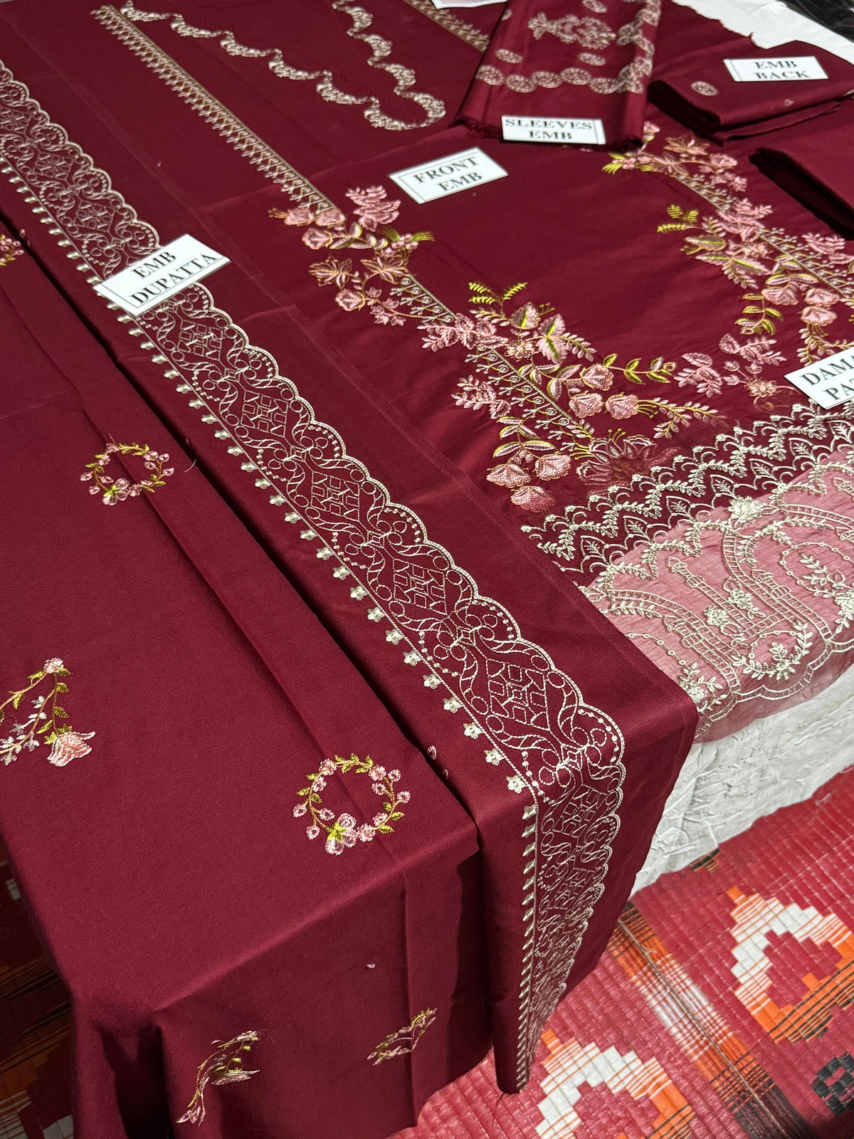 KAHF-3PC DHANAK EMBROIDERED SHIRT WITH DHANAK EMBROIDERED SHAWL AND TROUSER