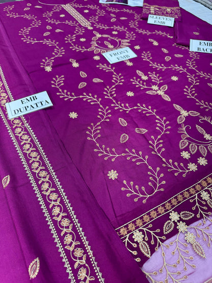 ASIM JOFA-3PC DHANAK EMBROIDERED SHIRT WITH DHANAK EMBROIDERED SHAWL AND TROUSER