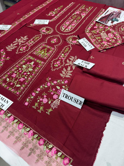 BATIK-3PC DHANAK EMBROIDERED SHIRT WITH DHANAK EMBROIDERED SHAWL AND TROUSER