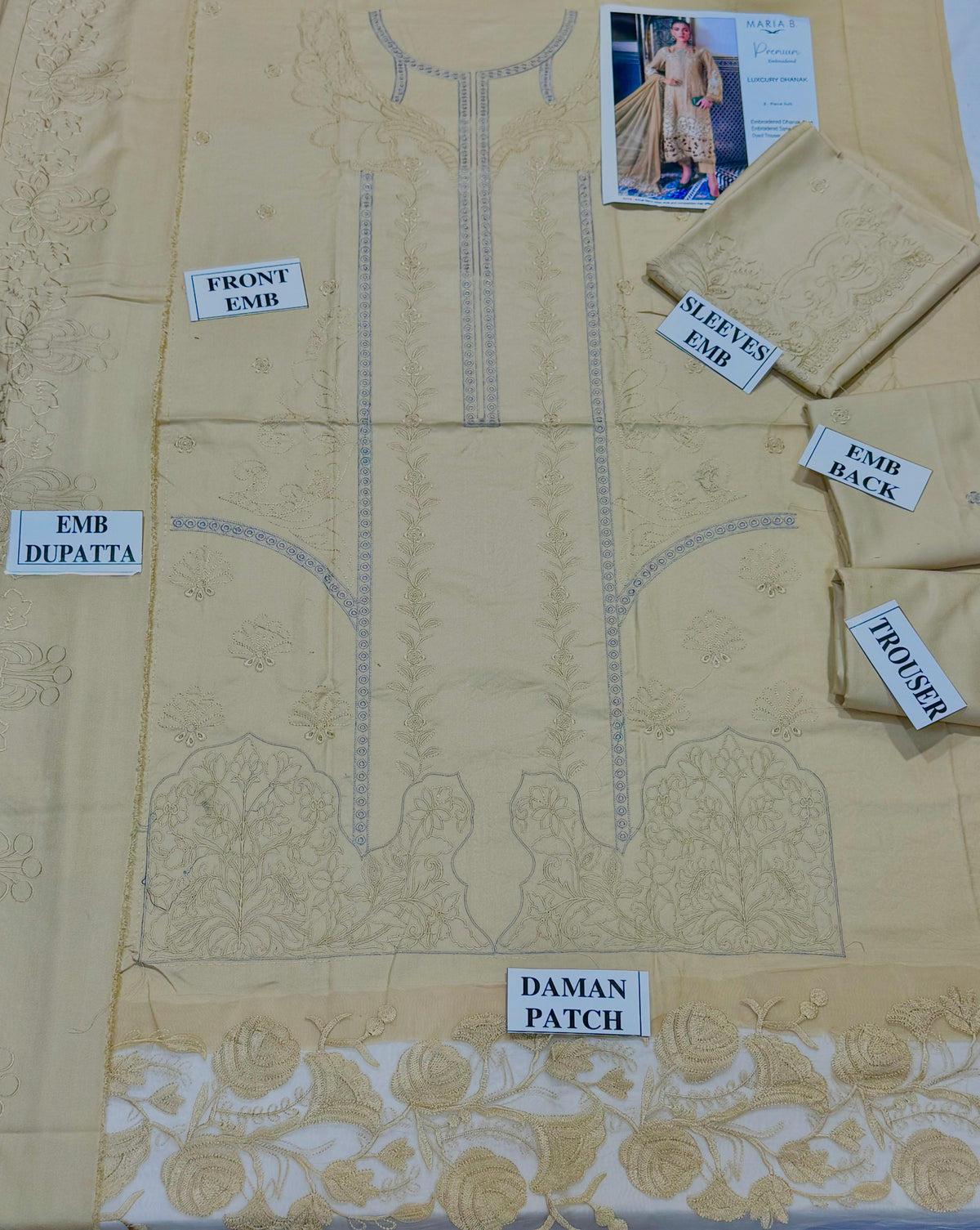 MARIA.B-3PC DHANAK  EMBROIDERED SHIRT WITH DHANAK EMBROIDERED SHAWL & DHANAK TOUSER