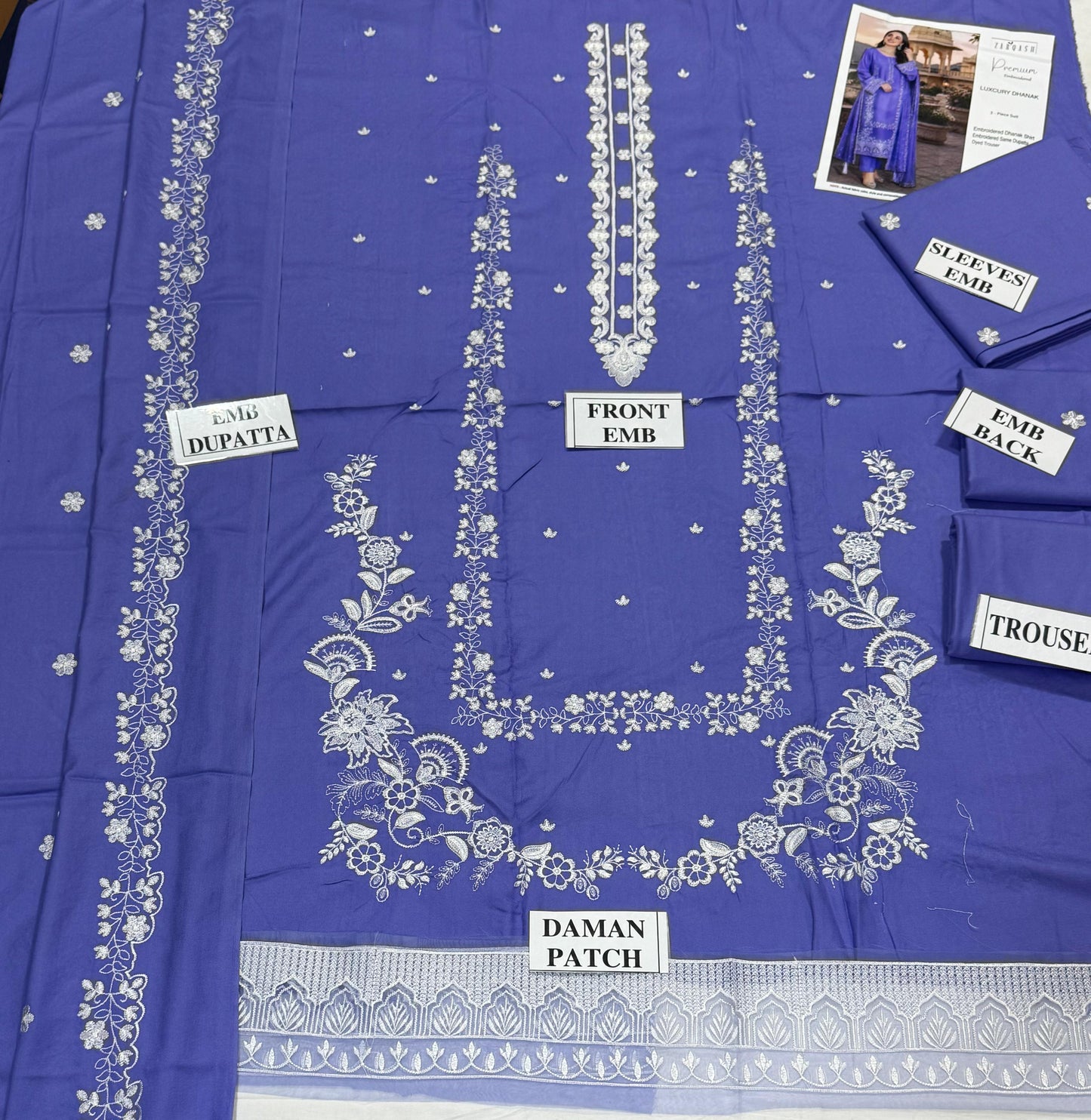 ZARQASH-3PC DHANAK EMBROIDERED SHIRT WITH DHANAK EMBROIDERED SHAWL AND TROUSER
