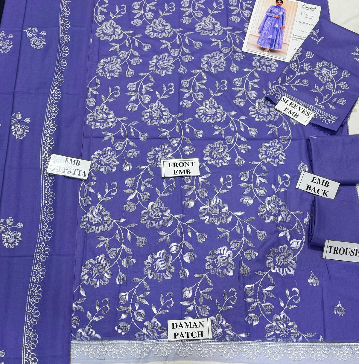 BAREEZE-3PC DHANAK EMBROIDERED SHIRT WITH DHANAK EMBROIDERED SHAWL AND TROUSER