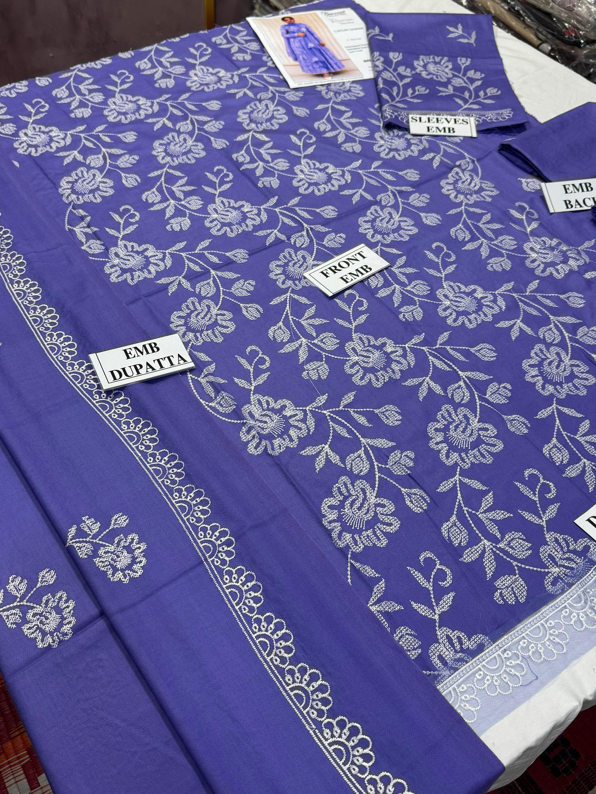 BAREEZE-3PC DHANAK EMBROIDERED SHIRT WITH DHANAK EMBROIDERED SHAWL AND TROUSER