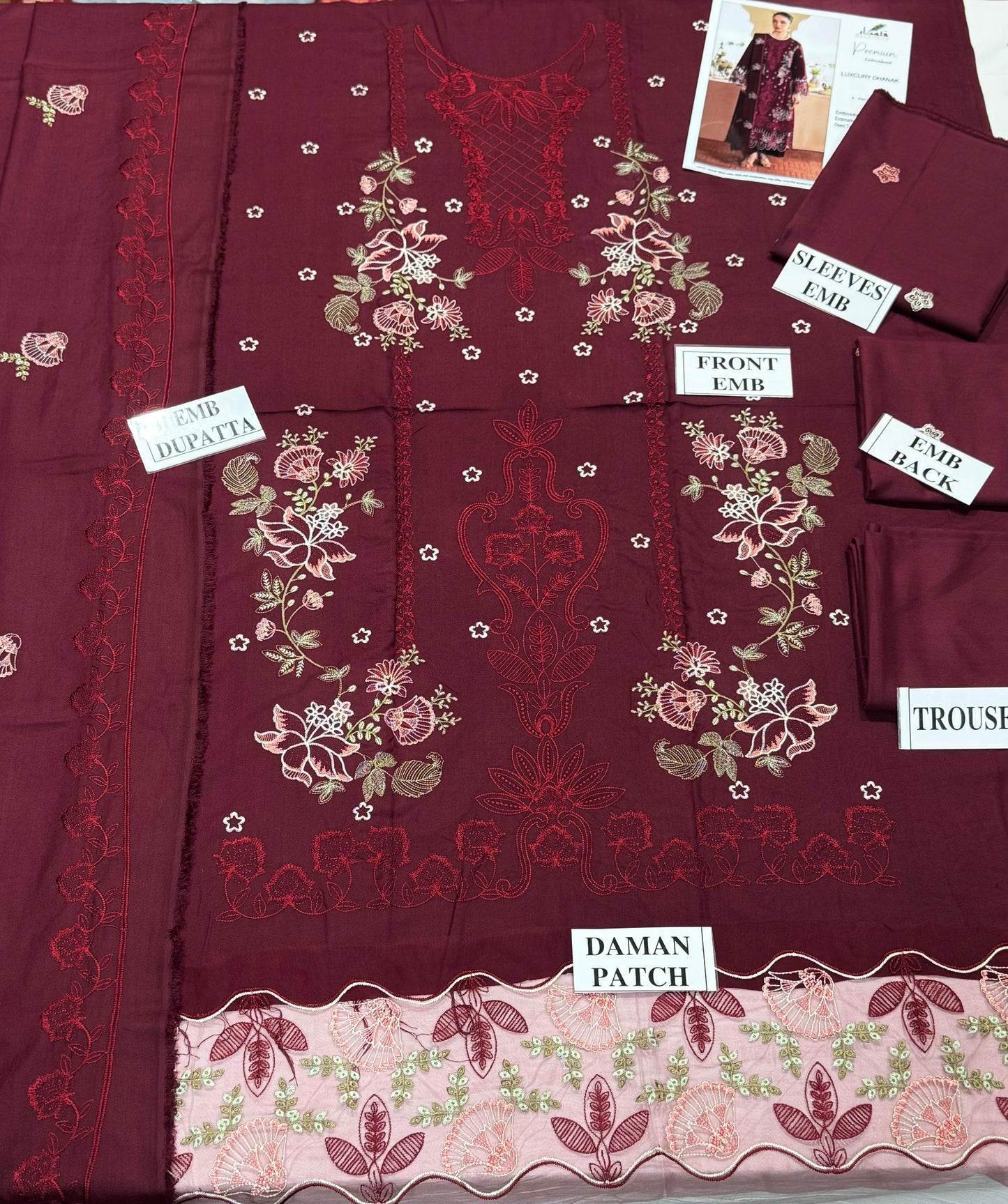 QALAMKAR-3PC DHANAK EMBROIDERED SHIRT WITH DHANAK EMBROIDERED SHAWL AND TROUSER