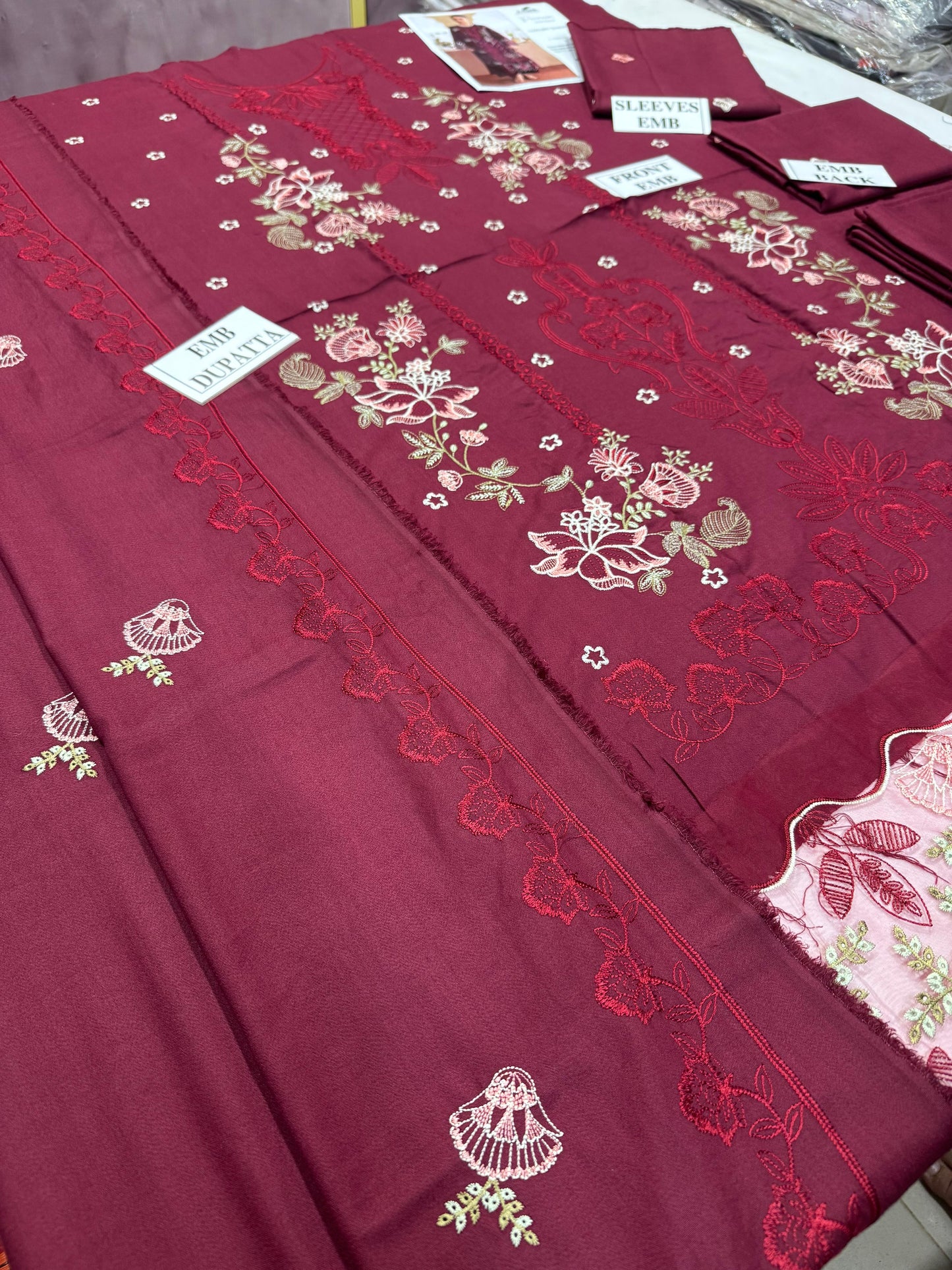 QALAMKAR-3PC DHANAK EMBROIDERED SHIRT WITH DHANAK EMBROIDERED SHAWL AND TROUSER